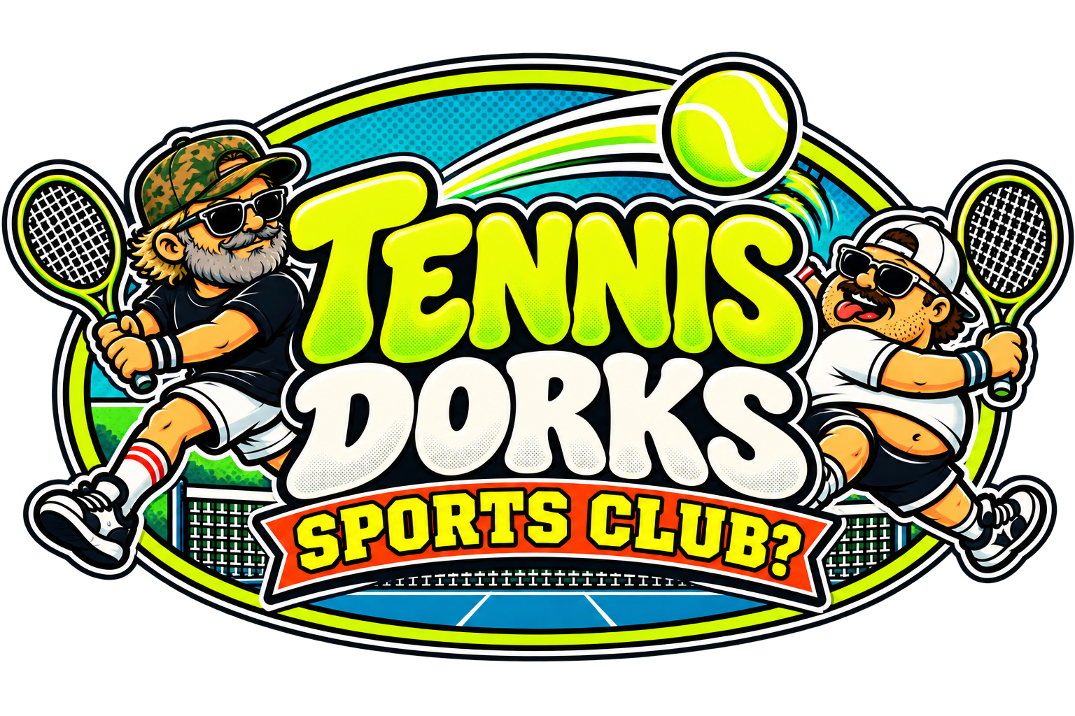 Tennis Dorks logo — two dorks swinging rackets on a court with the tagline Sports Club?